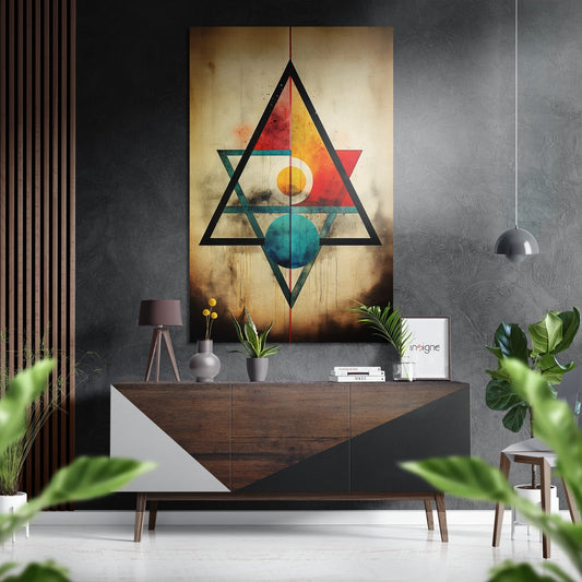 Modern living room with geometric triangle wall art featuring overlapping shapes in red, yellow, blue, and black with sun and moon circles, displayed above a wood and white dresser.