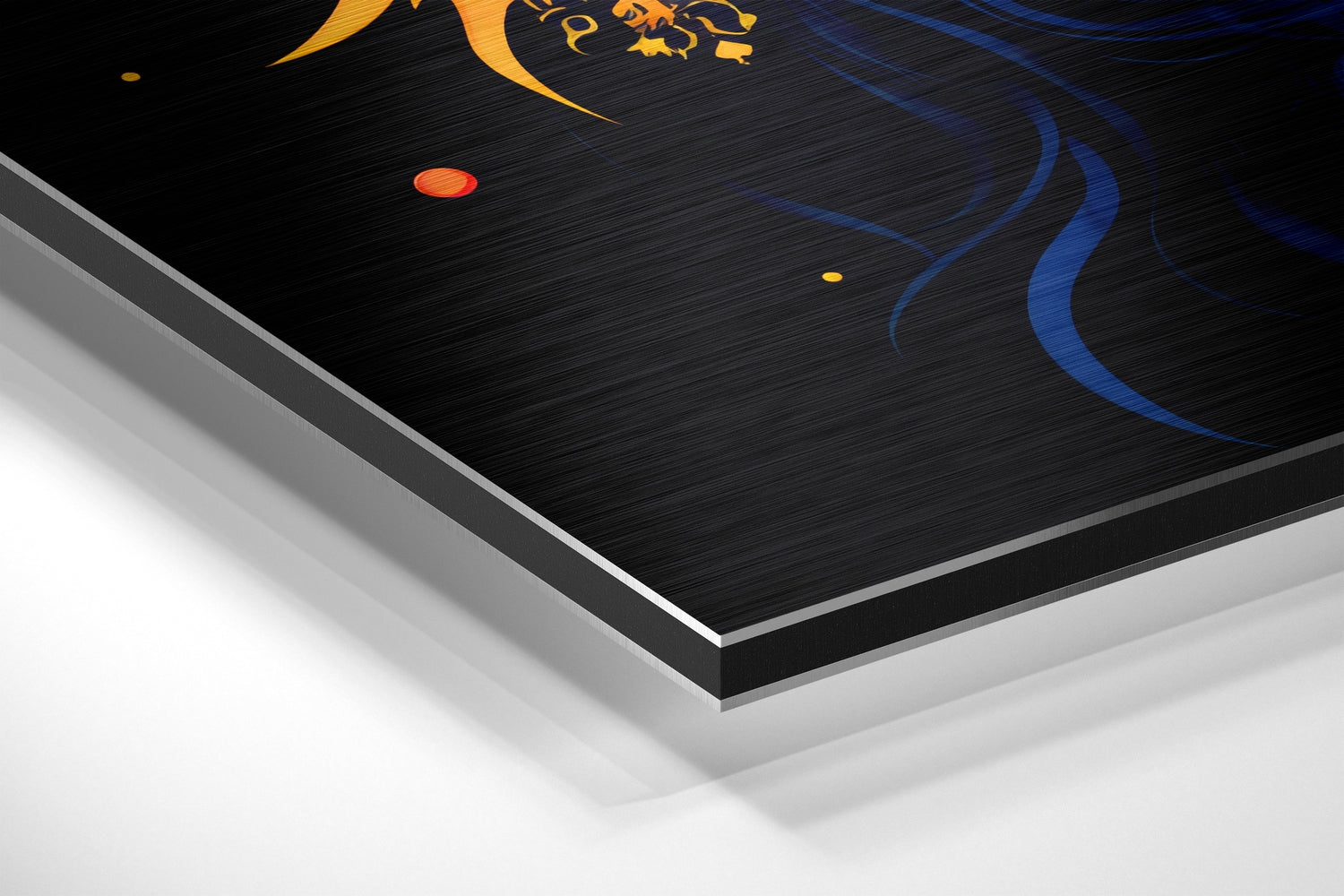 Angled perspective view of brushed aluminum Dibond wall art displaying blue and gold celestial design with layered edge detail visible.
