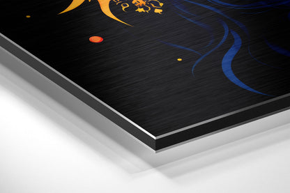 Angled perspective view of brushed aluminum Dibond wall art displaying blue and gold celestial design with layered edge detail visible.
