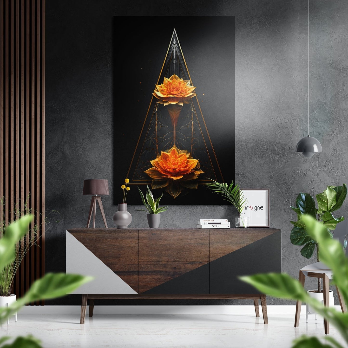 Twin Orange Lotus Gold Triangle Brushed Aluminum Dibond Wall Art