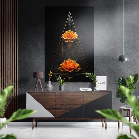 Twin orange lotus flowers in gold geometric triangle frame displayed above wooden dresser in modern interior setting.