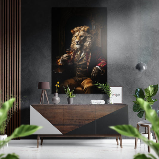 Regal lion wearing burgundy velvet coat holding brandy glass displayed above mid-century modern wooden console in styled interior.
