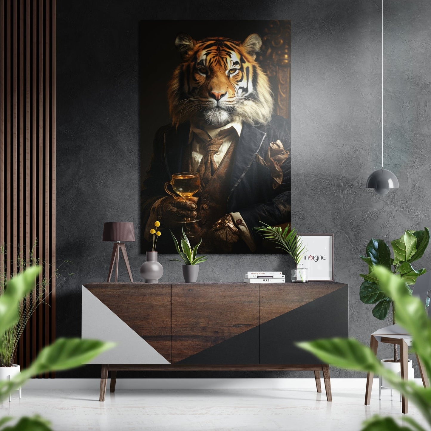 Tuxedo Tiger Holding Golden Goblet Brushed Aluminum Dibond Wall Art