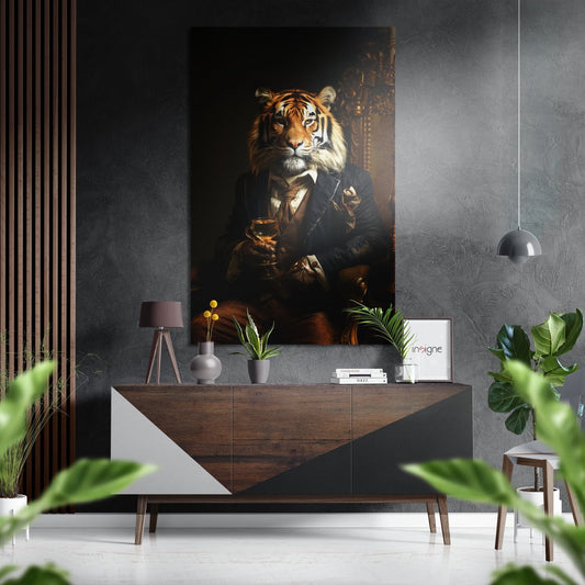Tiger in dark suit holding whiskey glass displayed on gray textured wall above wooden sideboard in modern interior setting.