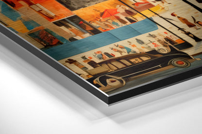 Angled perspective view of brushed aluminum Dibond wall art featuring Paris-themed illustration with warm orange, blue, and cream tones, showing layered edge detail.