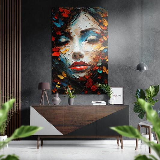 Modern living room with colorful abstract portrait of woman's face surrounded by red, blue, and orange flowers displayed above wooden dresser.