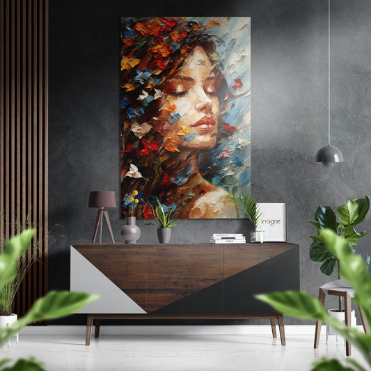 Modern interior room featuring colorful portrait artwork with butterflies and flowers displayed above wood console table with plants.
