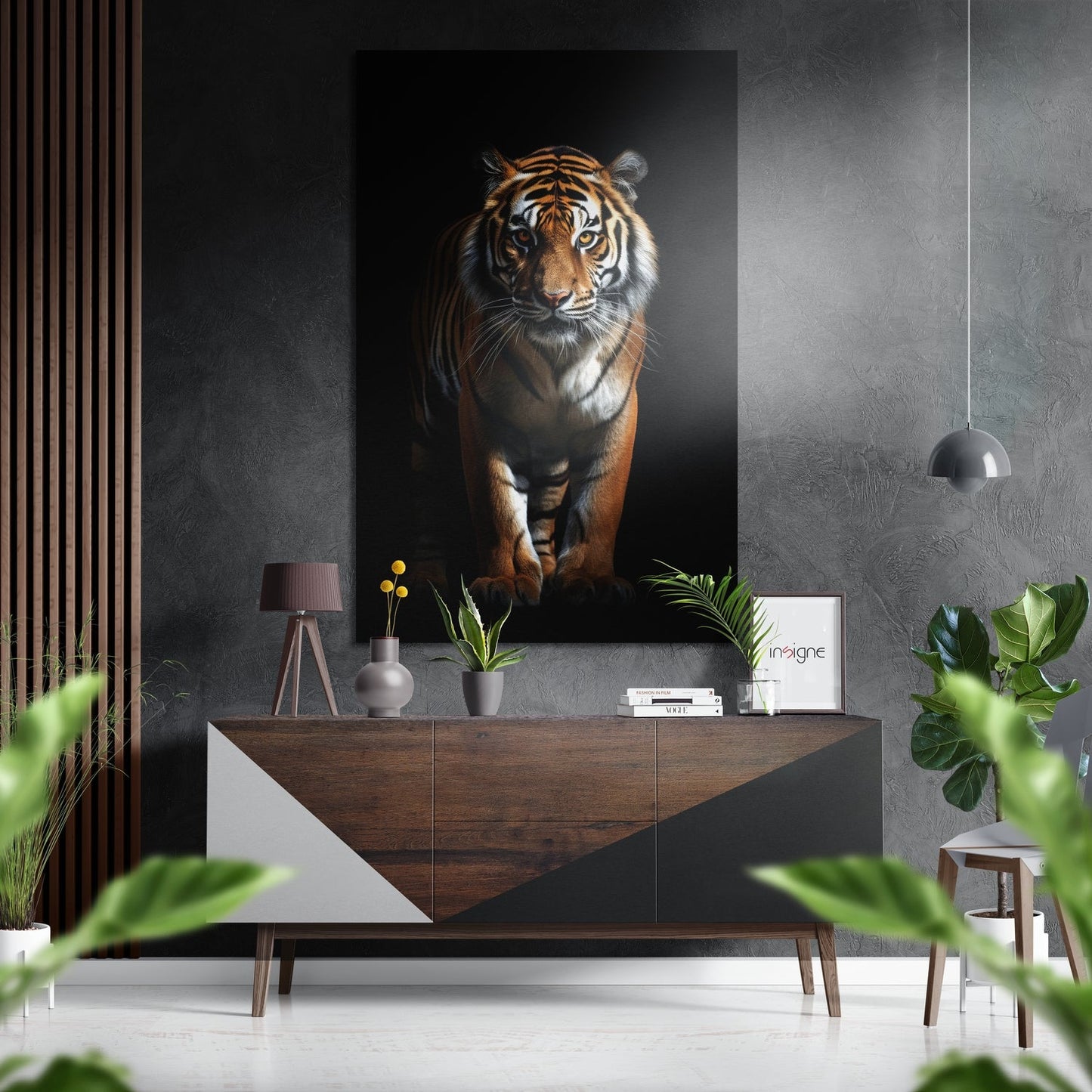 Prowling Tiger On Black Backdrop Brushed Aluminum Dibond Wall Art