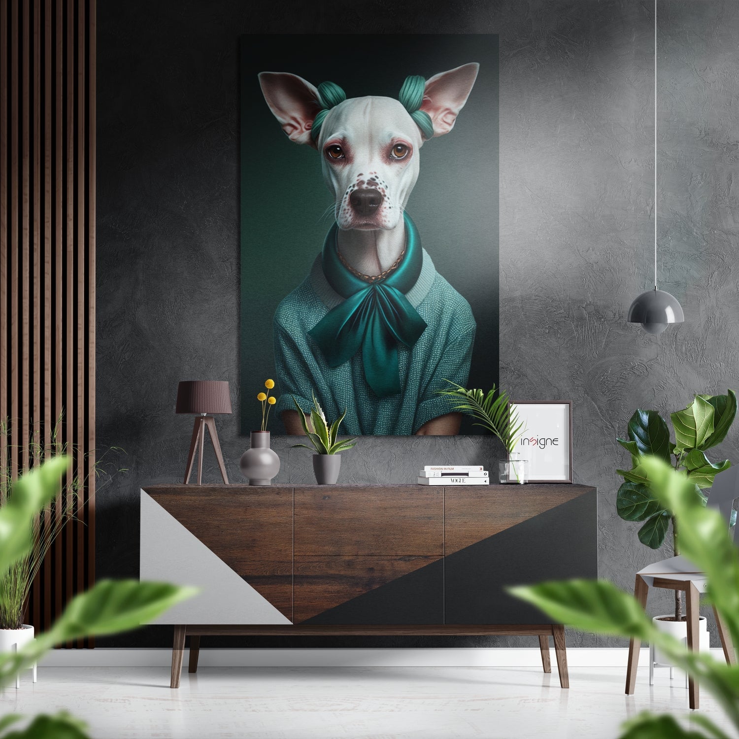 Modern interior room setting displaying a stylized portrait of a white dog wearing a teal jacket and bow tie against a dark background.