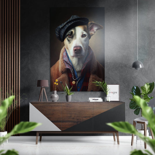 Styled room view showing Mr. Dog Brushed Aluminum Dibond wall art mounted above wooden dresser with accessories and plants.