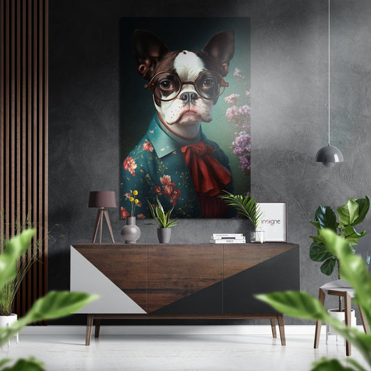Styled interior scene displaying framed Monsieur Dog artwork featuring a bespectacled Boston Terrier in floral shirt and red bow tie against teal background.