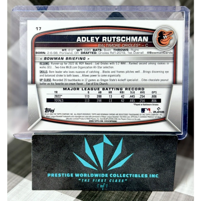 2023 Bowman Chrome Adley Rutschman RC card in case at Prestige Worldwide Collectibles