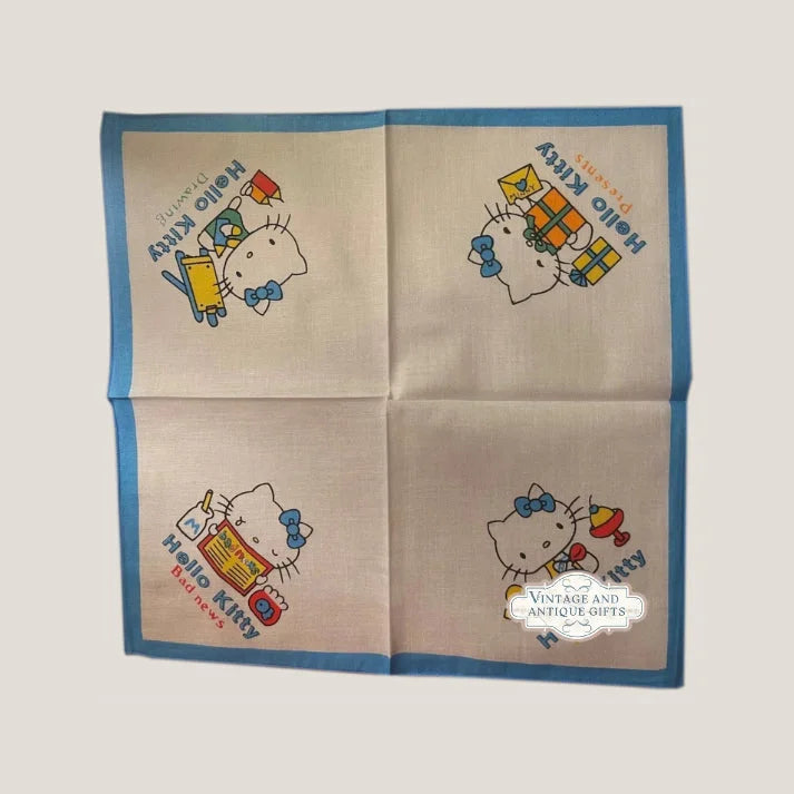 Vintage 1980s Hello Kitty Cotton Napkin Handkerchief 🎀 Blue - NOS