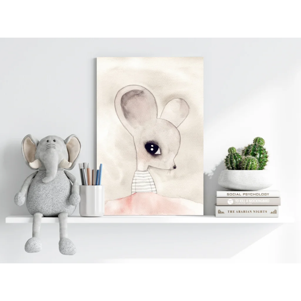 Adorable watercolor mouse on sleek aluminum print in soft gray pink tones