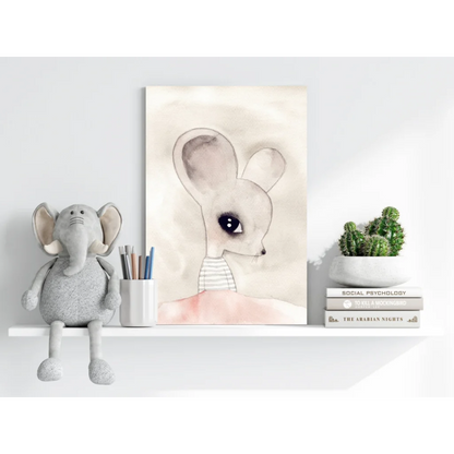 Adorable watercolor mouse on sleek aluminum print in soft gray pink tones