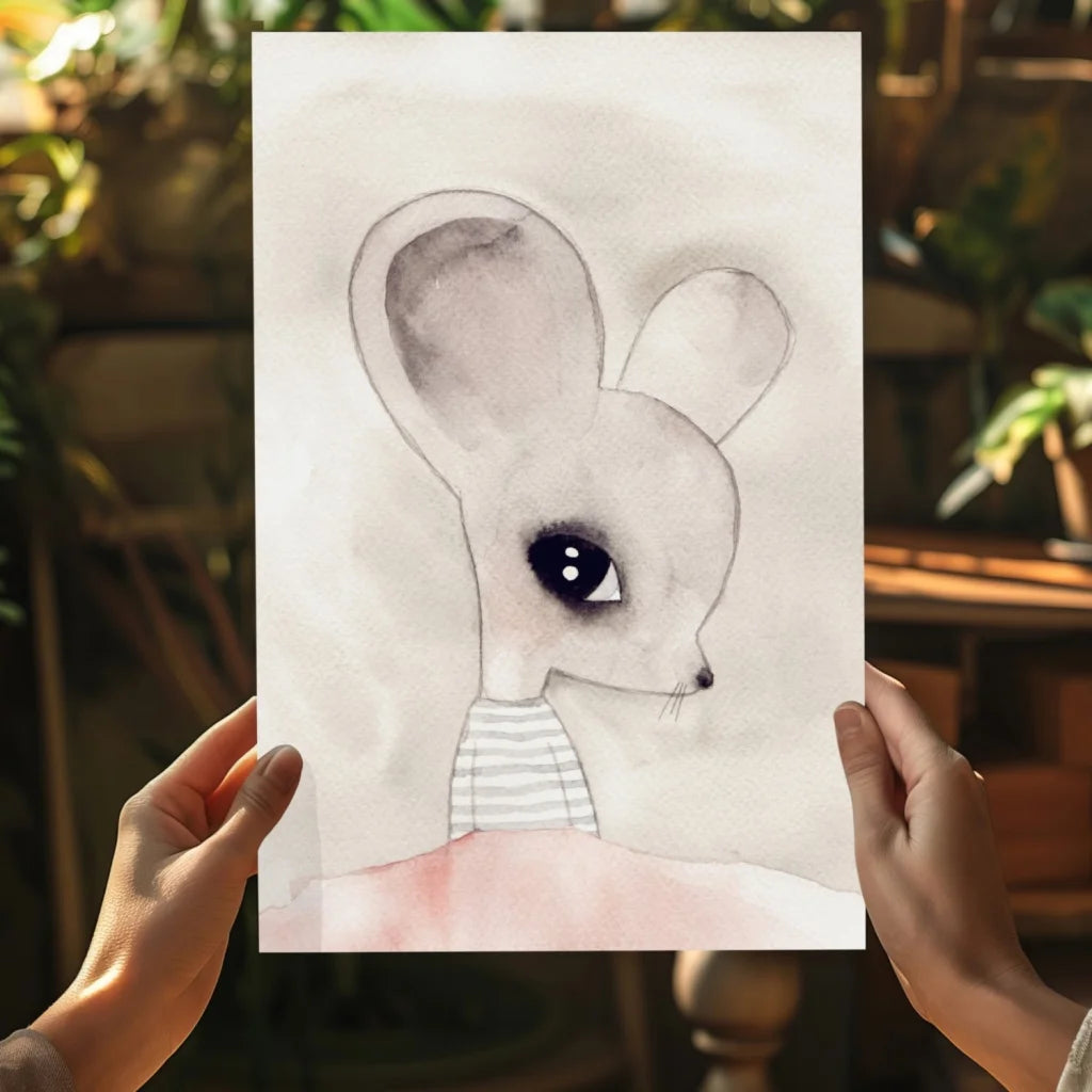 Adorable watercolor mouse with big eyes in striped clothes on aluminum print