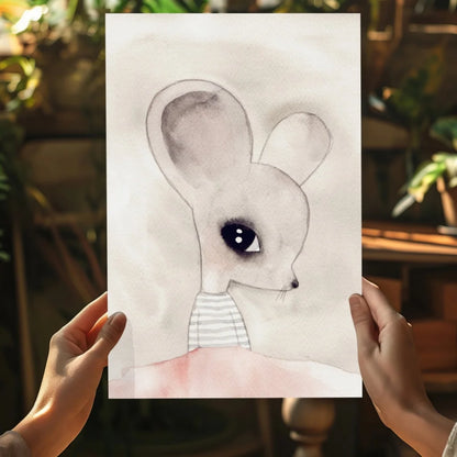 Adorable watercolor mouse with big eyes in striped clothes on aluminum print