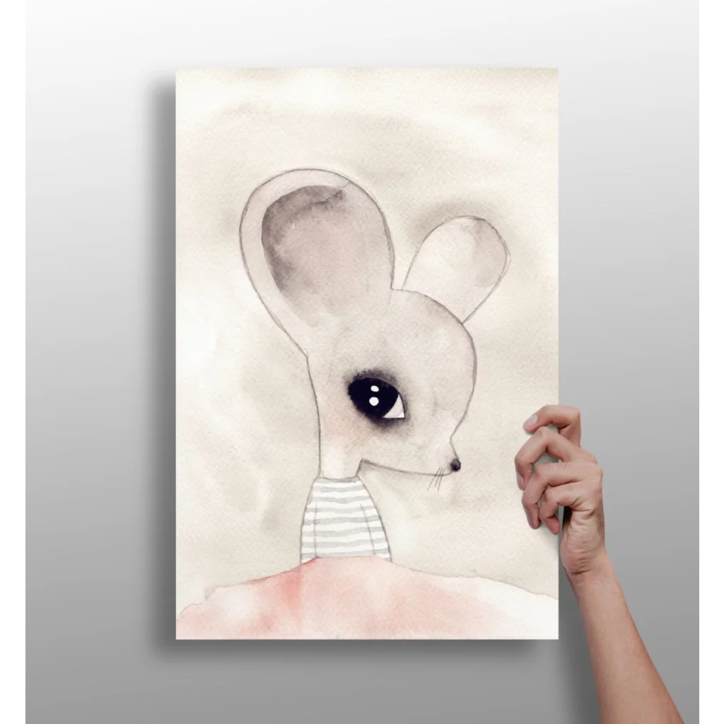 Adorable watercolor mouse with big ears on aluminum print
