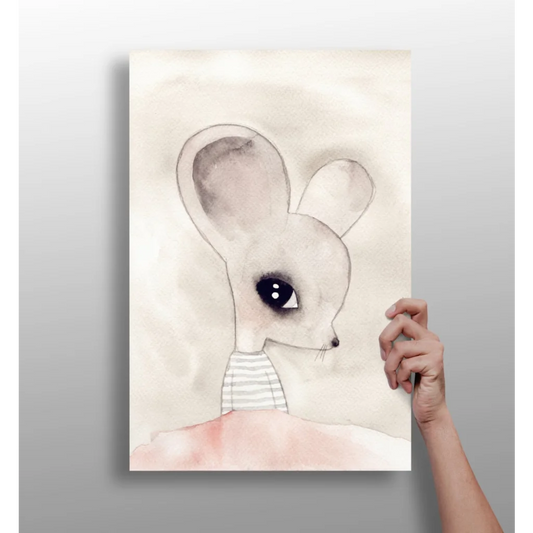 Adorable watercolor mouse with big ears on aluminum print