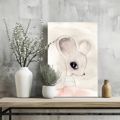 Adorable watercolor mouse with big ears in striped shirt on pink fabric, aluminum print