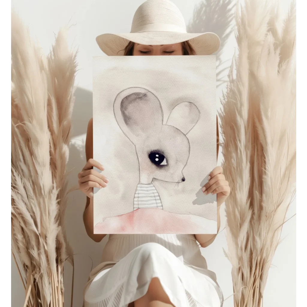 Adorable watercolor mouse with big ears in striped shirt on pink base, aluminum print