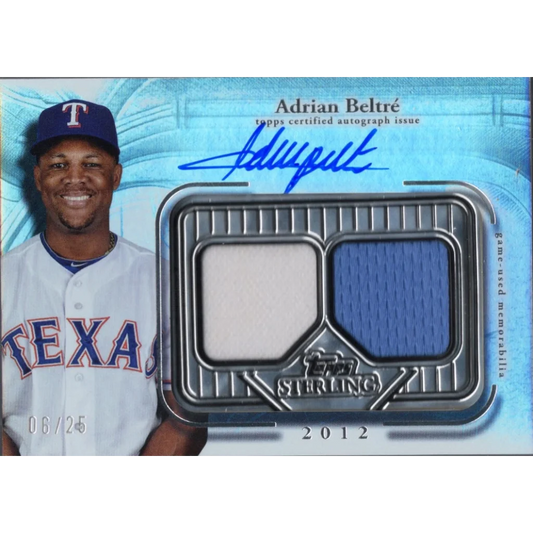 Adrian Beltre signed baseball card with game-used jersey swatches for collectors