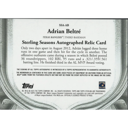 Back of Adrian Beltre Topps baseball card with signed autograph and game-used jersey pieces