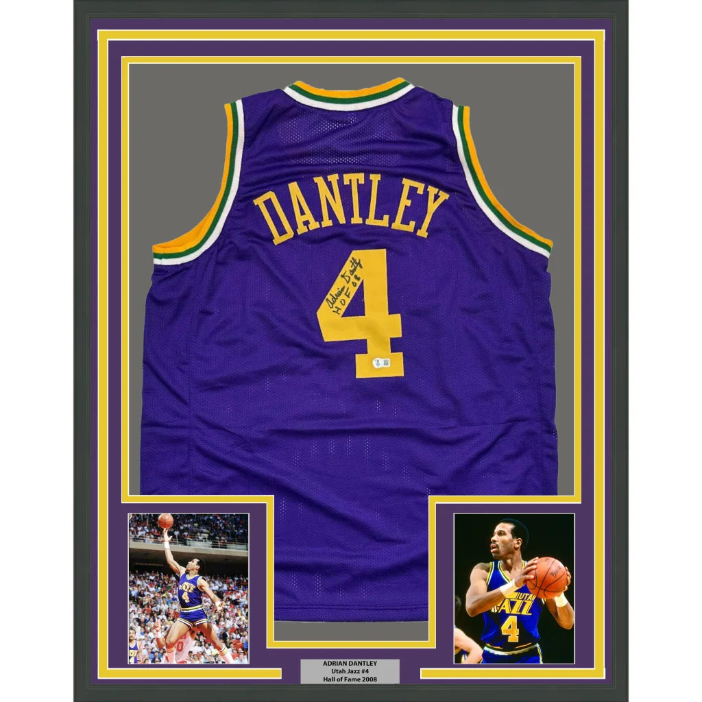 Adrian Dantley signed purple jersey framed display with name and number 4
