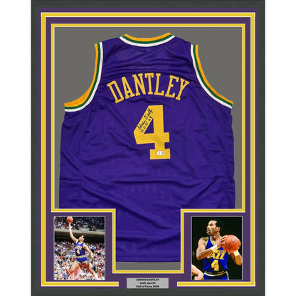Adrian Dantley signed purple jersey framed display with name and number 4