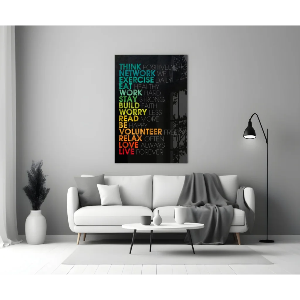 Vibrant motivational glass wall art with colorful typography on canvas print