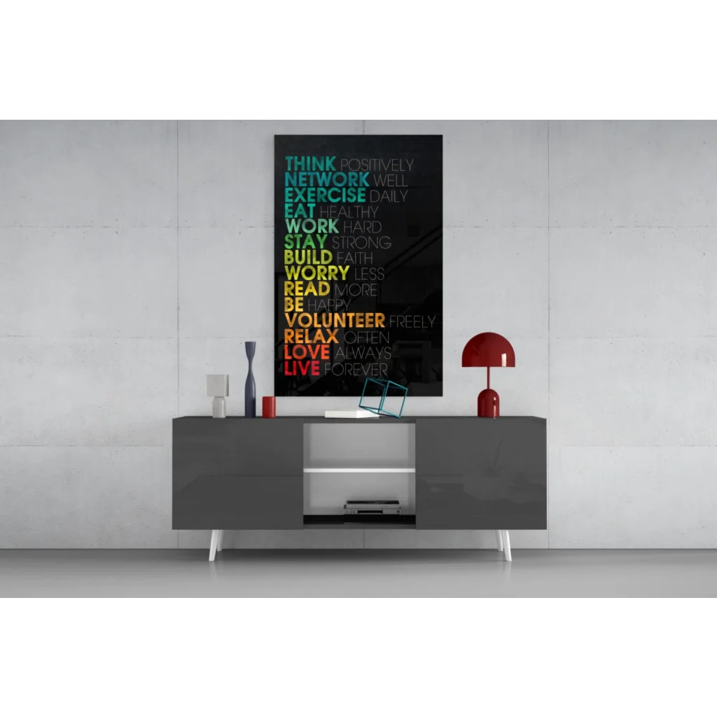 Vibrant motivational glass wall art with colorful stacked typography