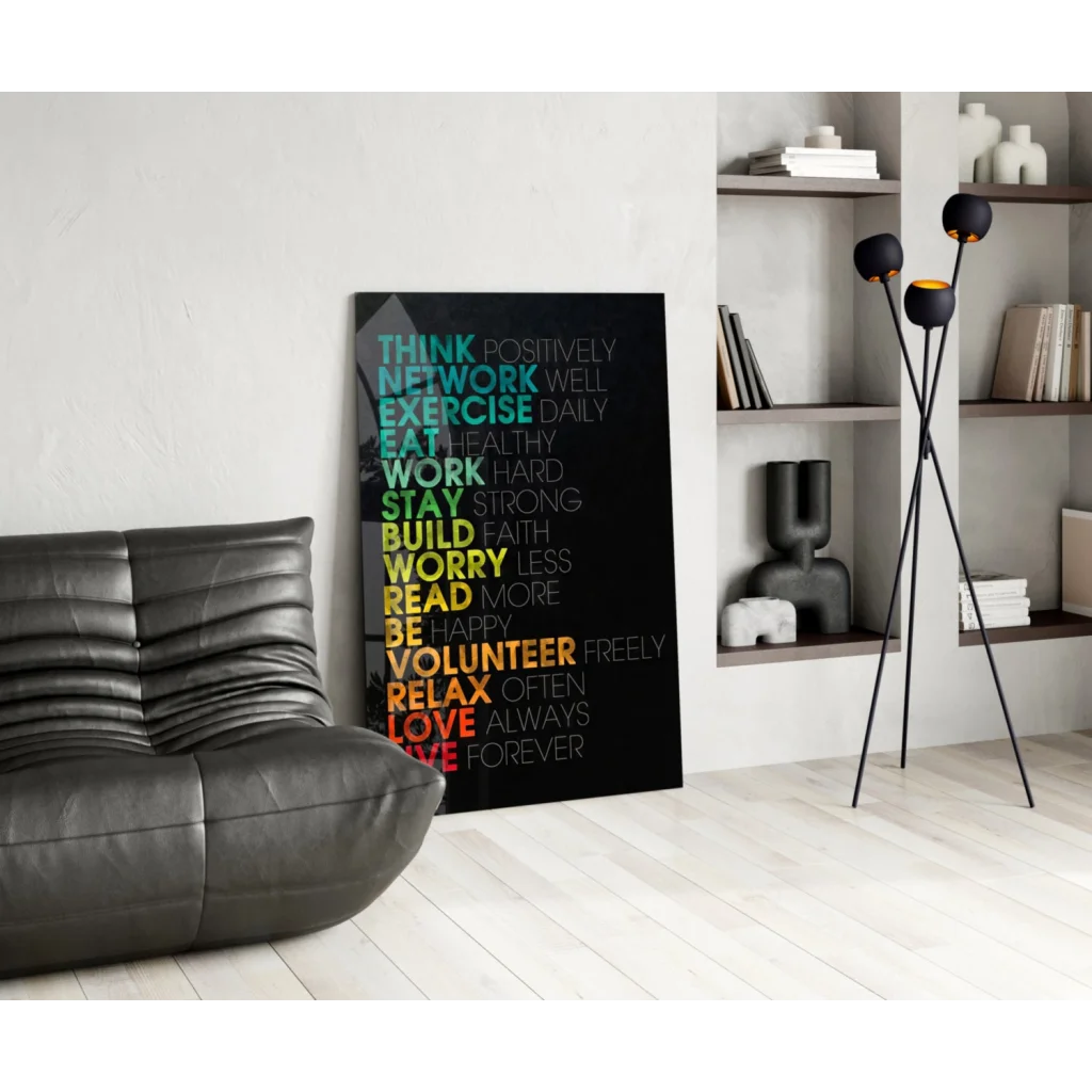 Vibrant motivational glass wall art with colorful typography on black canvas