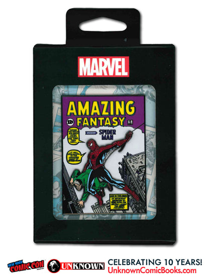 Front view of a black package with a red Marvel logo above a clear window showing a comic-cover-style Spider-Man enamel pin.