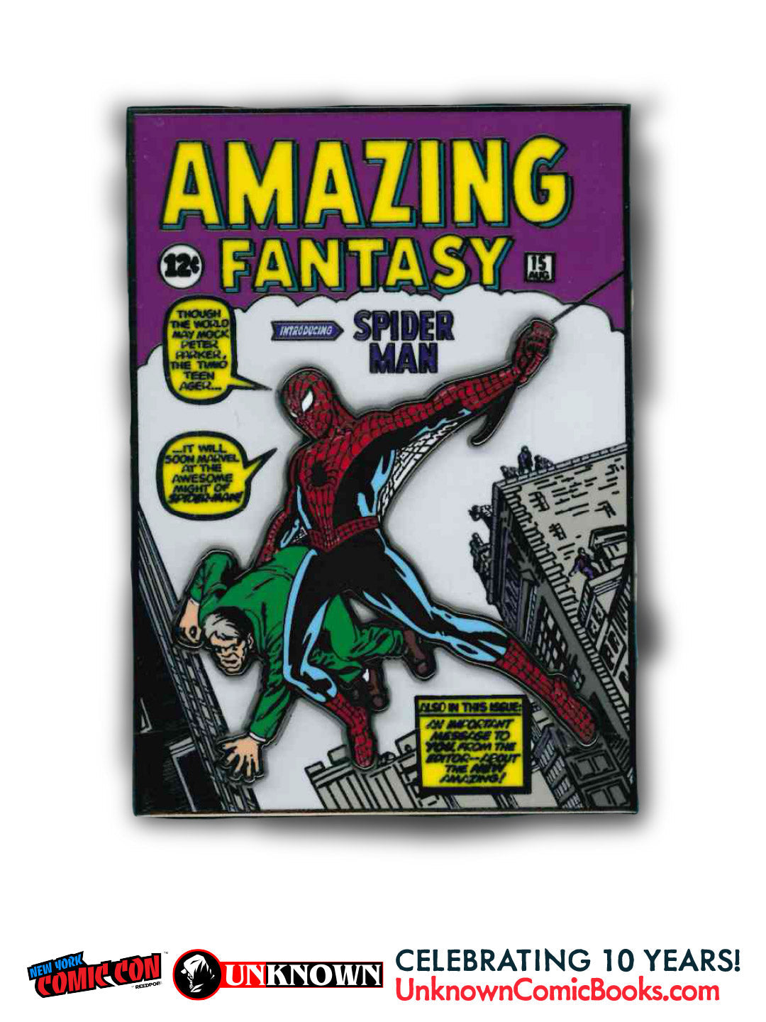 Front view of a cover-style enamel pin showing red and blue Spider-Man and a green-suited figure beneath yellow Amazing Fantasy lettering.