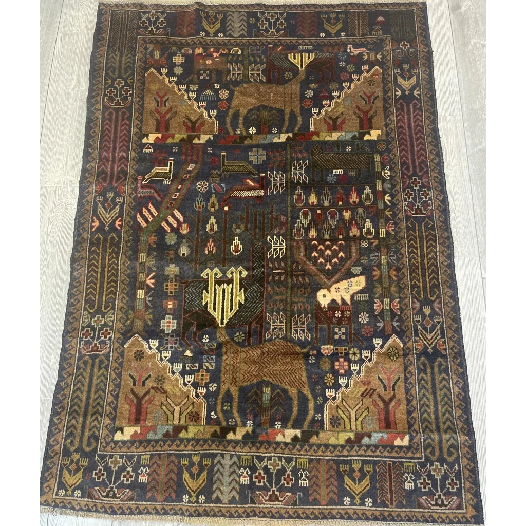 Dark blue Afghani vintage pictorial rug with tribal Baluchi geometric and animal motifs in earthy tones, 3’6’’ x 5’5’’