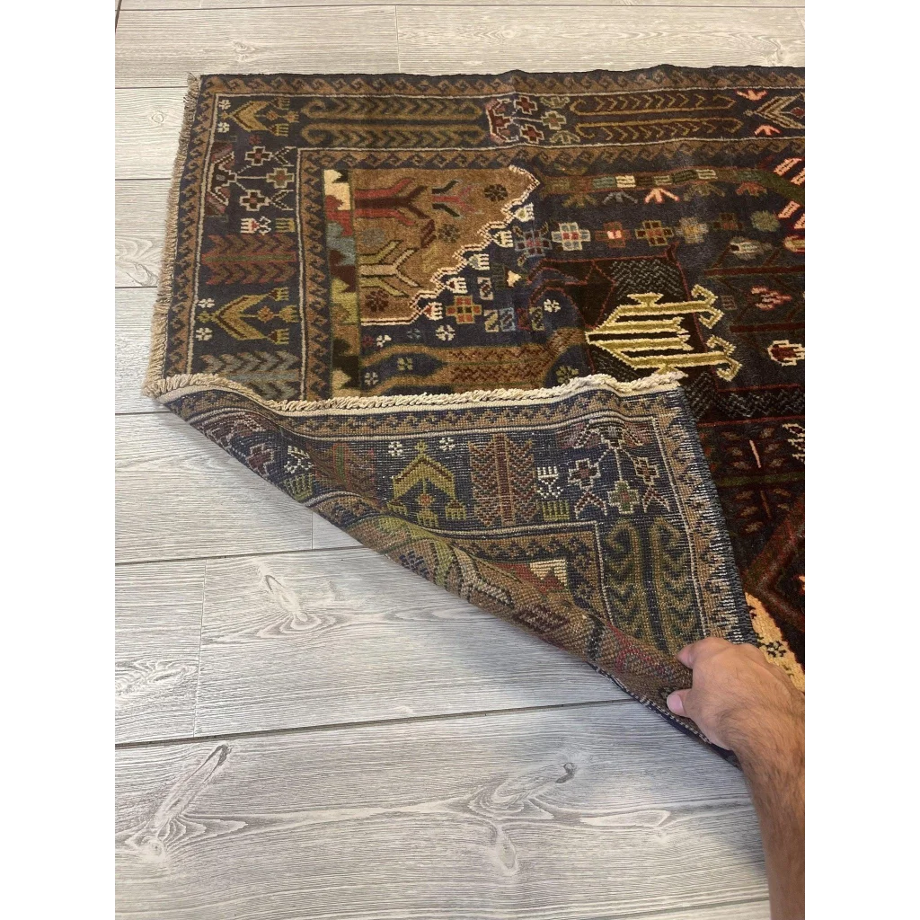 Vintage Afghani pictorial rug with tribal Baluchi geometric patterns in earthy tones, 3’6’’x5’5’’
