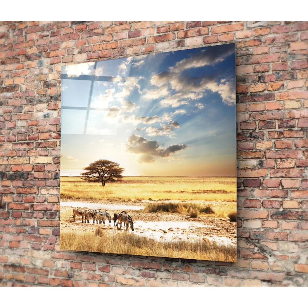 Stunning zebra savanna tempered glass art with grazing zebras