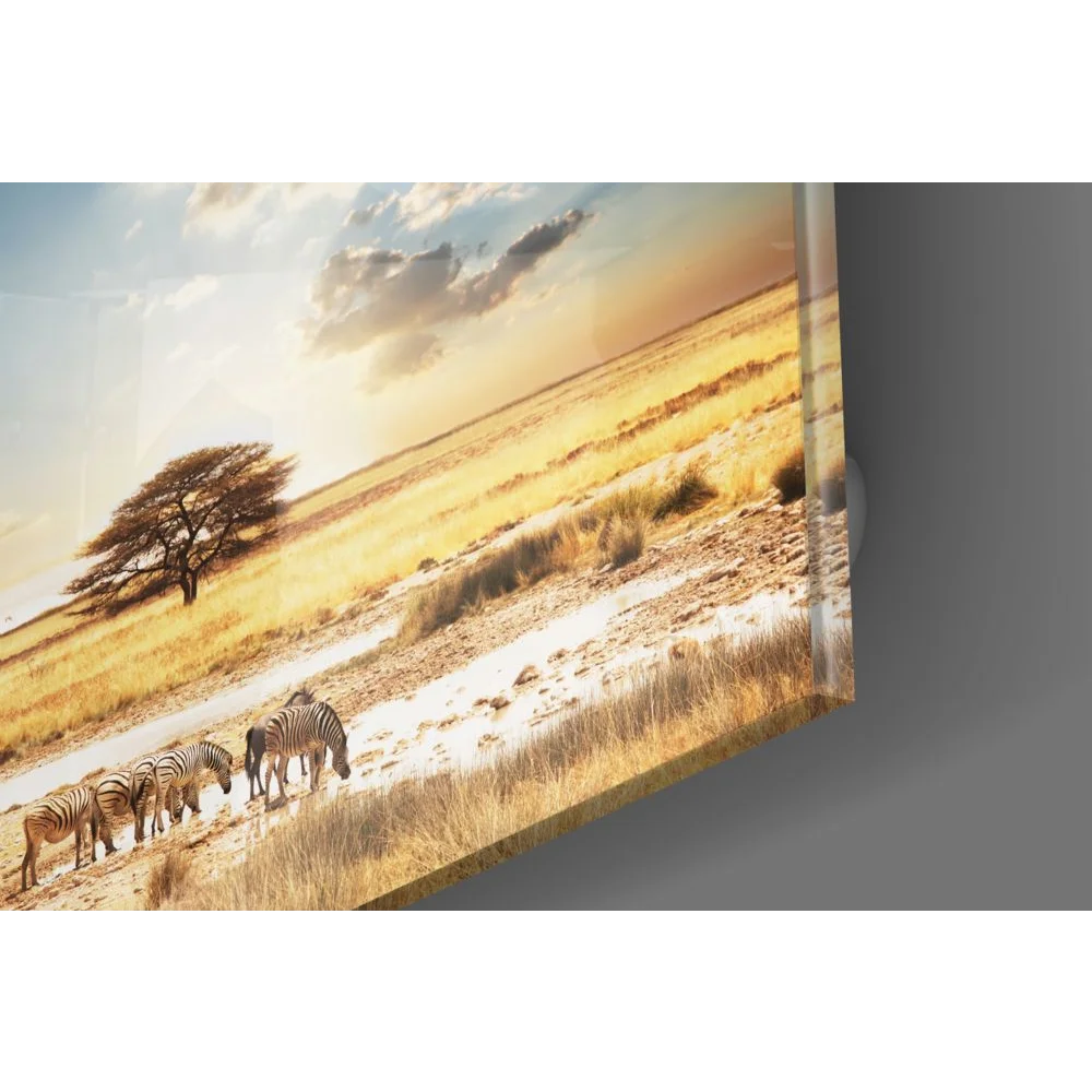 Stunning tempered glass art of golden savanna zebras and tree