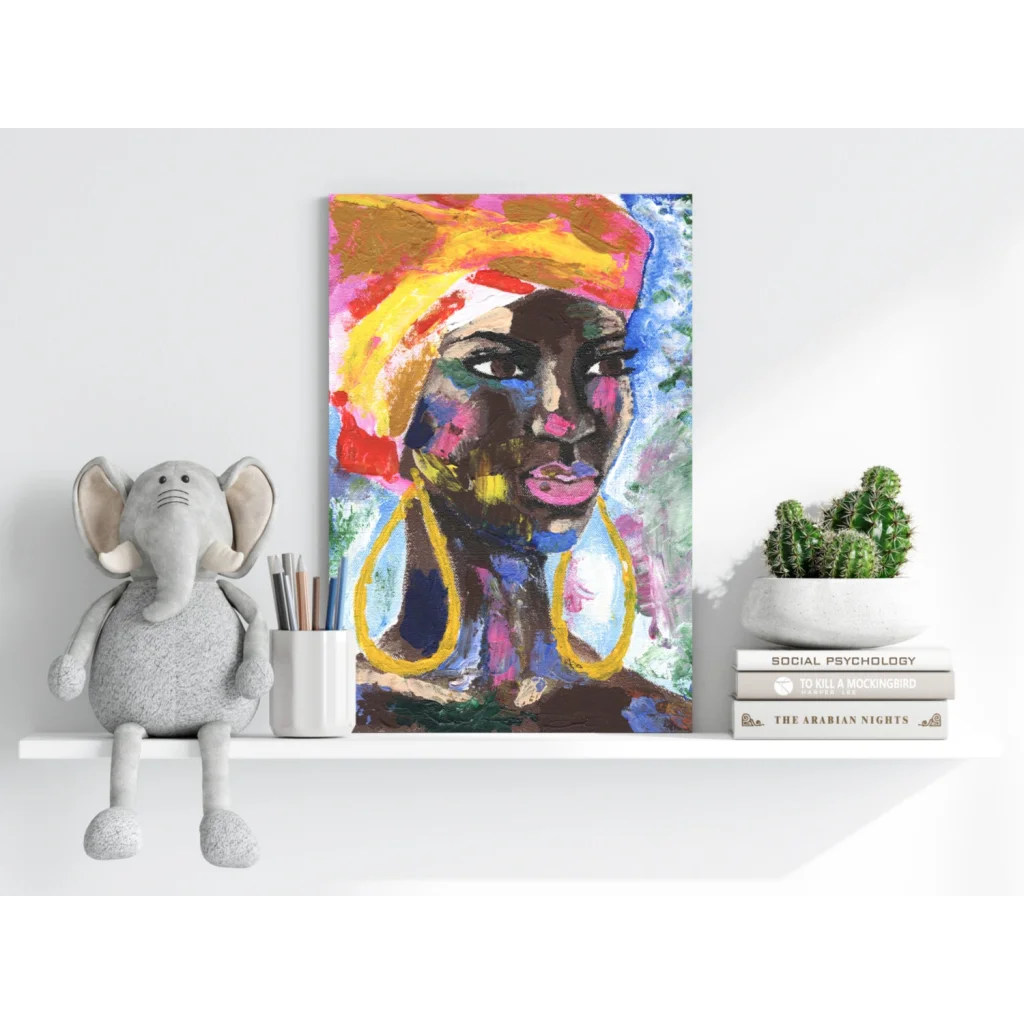 Vibrant abstract woman portrait on Insigne aluminum print with bold colors and gold hoops