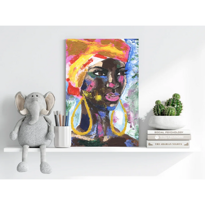 Vibrant abstract woman portrait on Insigne aluminum print with bold colors and gold hoops