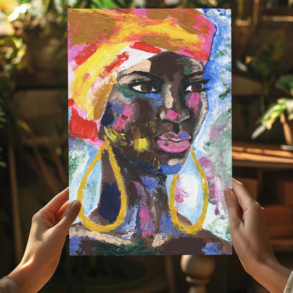Vibrant abstract portrait of woman with yellow hoop earrings on Insigne aluminum prints
