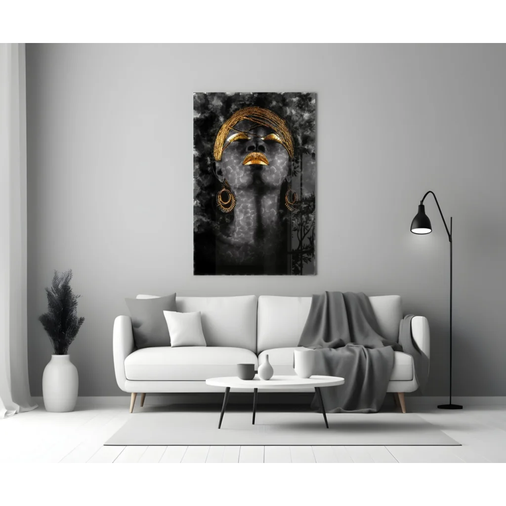 Stunning black gold abstract portrait glass wall art with stylized face