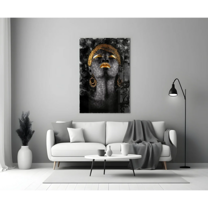 Stunning black gold abstract portrait glass wall art with stylized face
