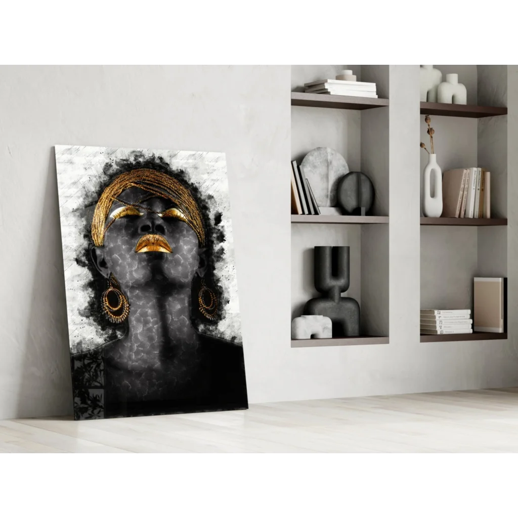 Golden Goddess abstract wall art portrait of woman in black and gold