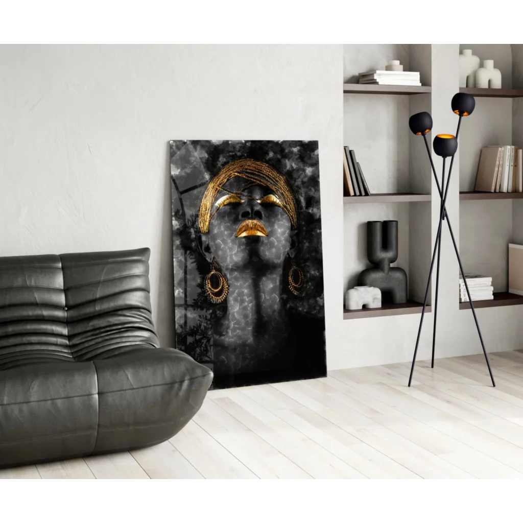 Stunning black gold abstract portrait glass wall art canvas