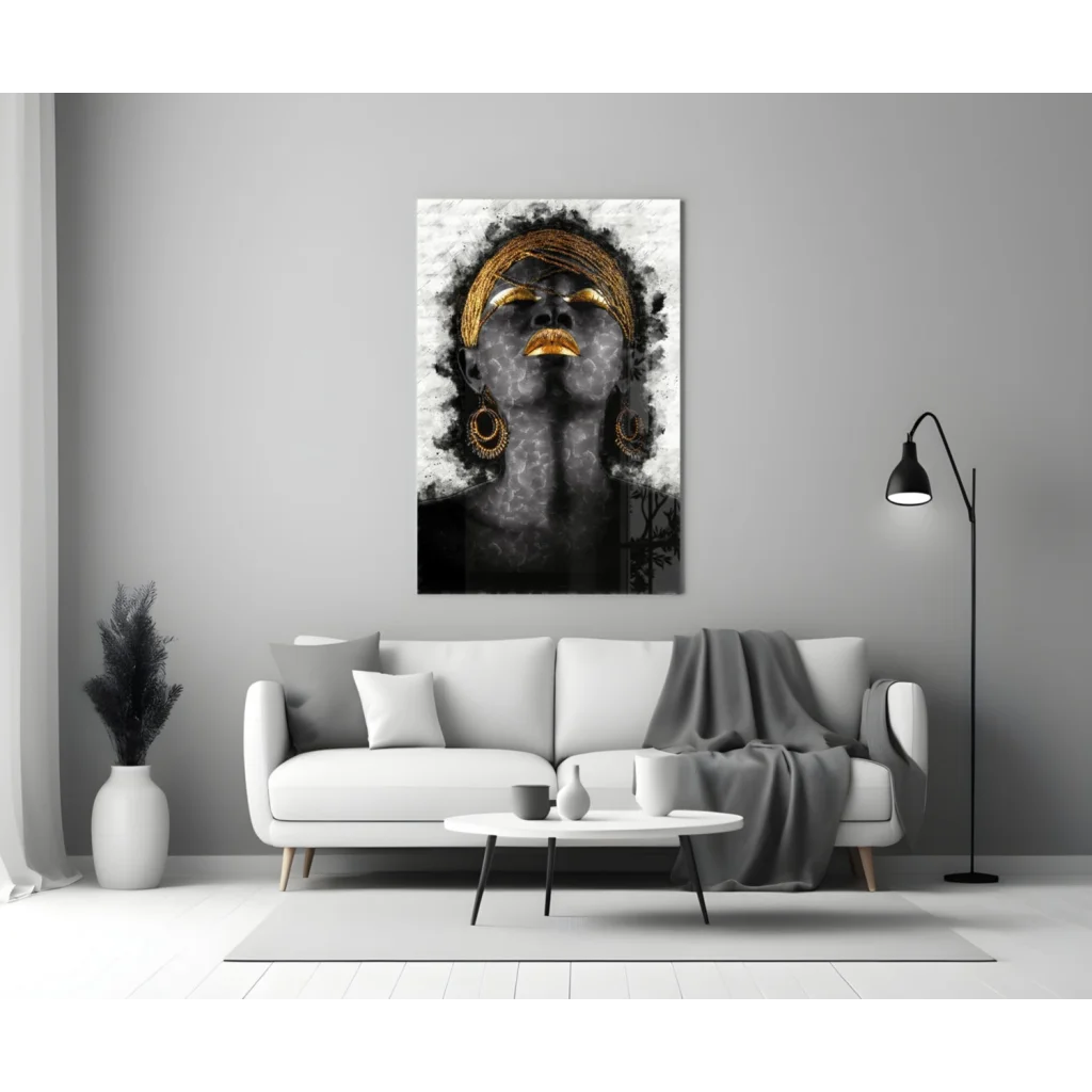 Golden Goddess black and gold abstract wall art portrait of woman with headpiece