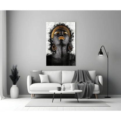 Golden Goddess black and gold abstract wall art portrait of woman with headpiece