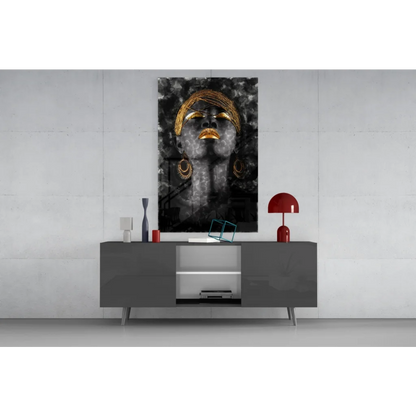 Stunning black gold abstract portrait glass wall art with stylized face