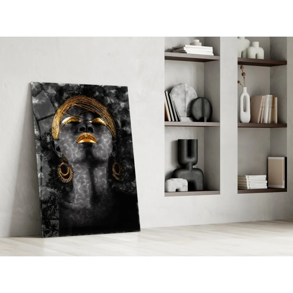 Stunning black gold abstract portrait woman on glass wall art