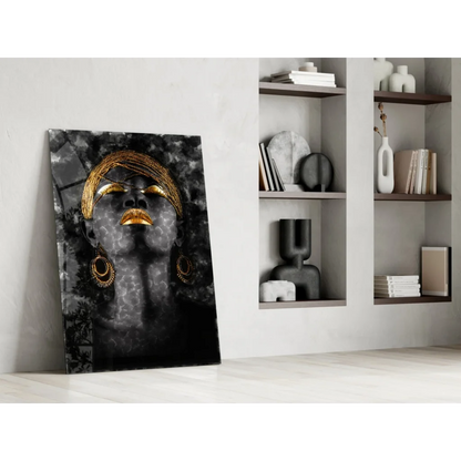 Stunning black gold abstract portrait woman on glass wall art